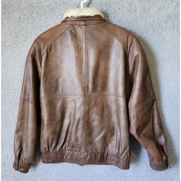 Vtg 100% Leather Aviator Bomber Jacket Faux Fur Double Collar Made in Korea PM - Picture 13 of 16
